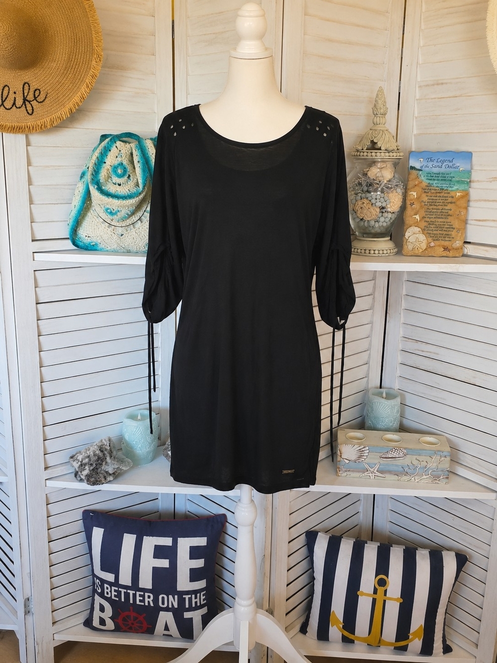 Black Scoop Neck Tunic Dress with Adjustable Tie Sleeves Drop Open Back SZ L